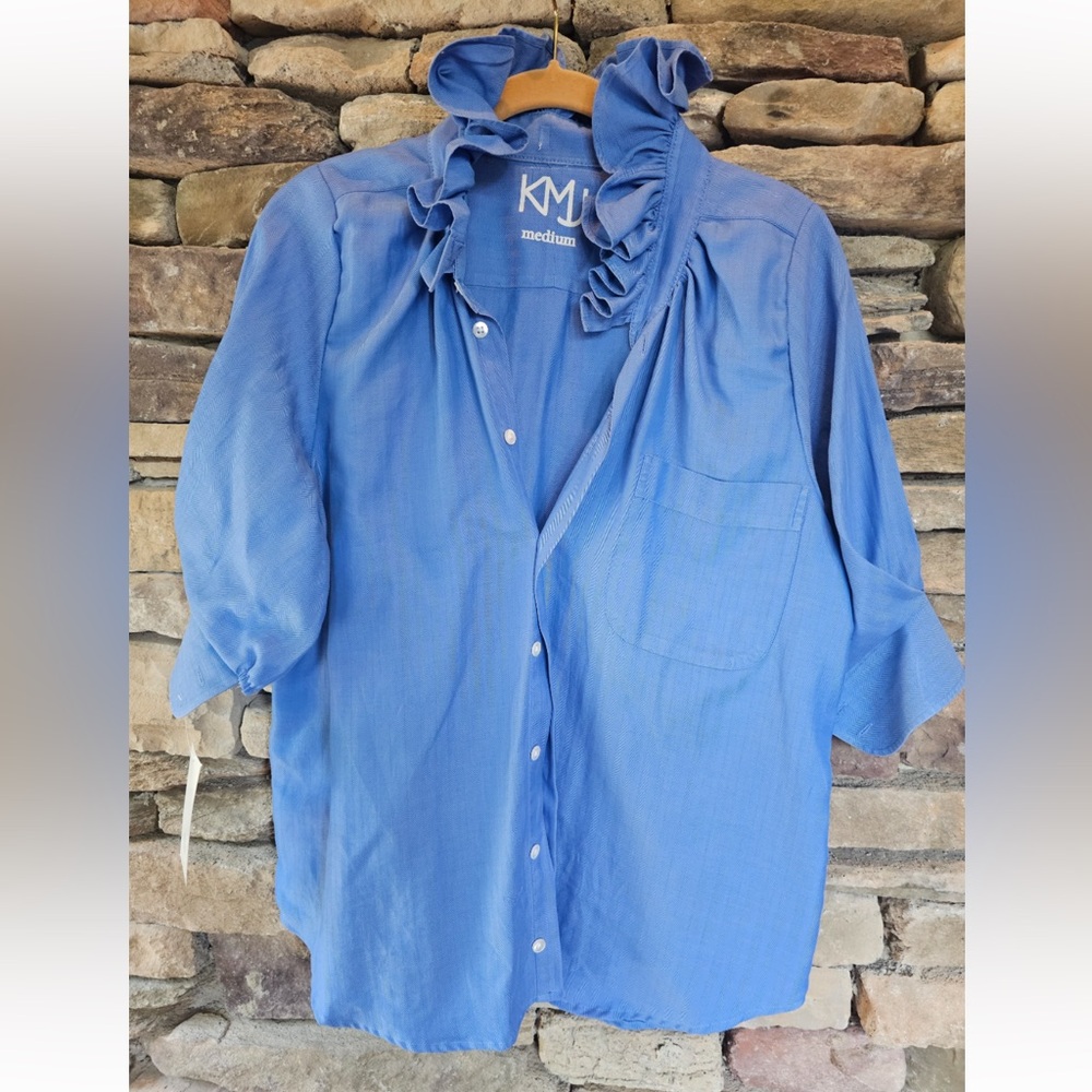 KMJ Southern Lover Ruffle Shirt Blue Medium NWT